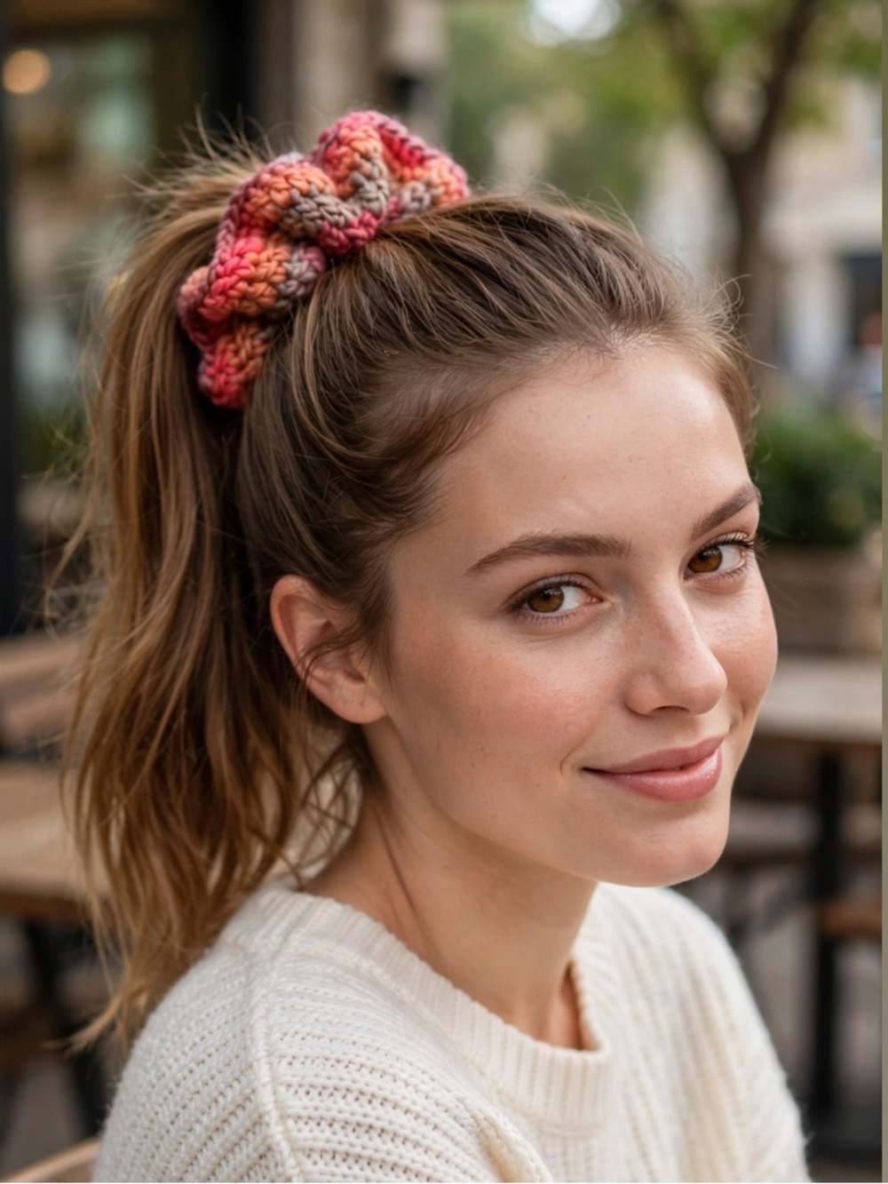 HAND CRAFTED Carissa  Jumbo Striped Crochet Scrunchie Pink Brown